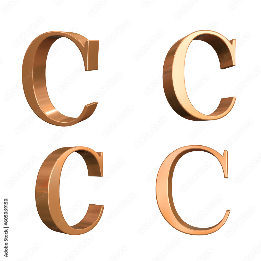 Golden alphabet capital letters C, 3d font render with 4 different angle, isolated white background ready to use for graphic design purposes Golden alphabet capital letters C, 3d font render with 4 different angle, isolated white background ready to use for graphic design purposes