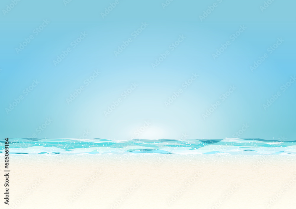 青空が広がる夏の海と砂浜の背景イラスト（シンプル）
