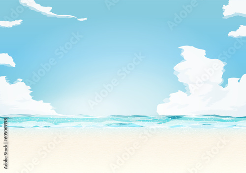 青空が広がる夏の海と砂浜の背景イラスト（入道雲）