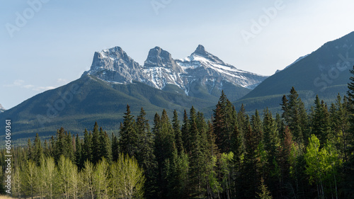 Beautiful view of Three sisters peaks near Canmore Canada with green trees © Aafia