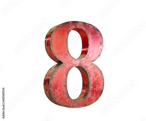 3d font number 8 made of red and metal, isolated white background
