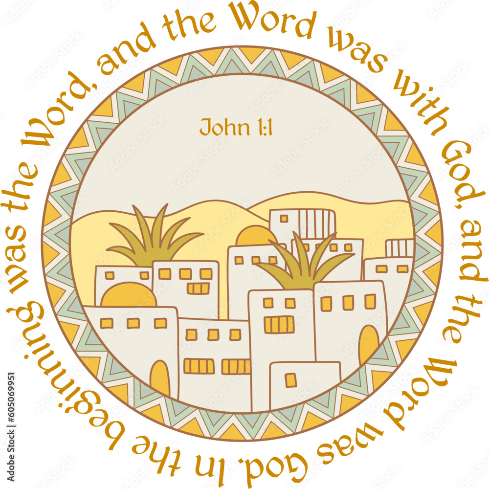 Bible for children illustration. John 1:1 NIV biblical verse around ancient city