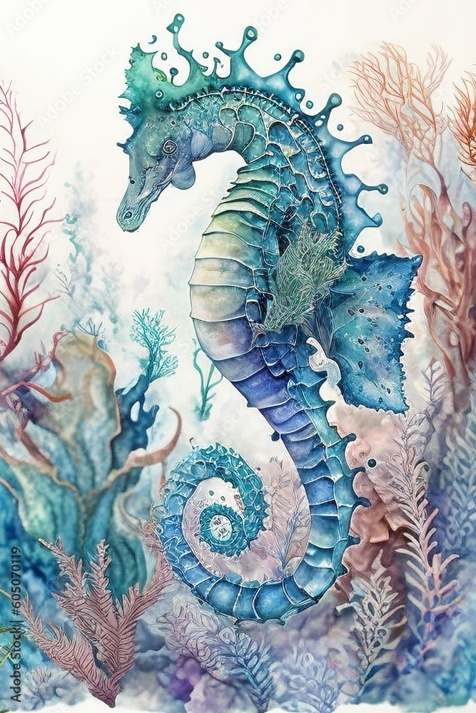 Watercolour seahorse portrait, wall art, print ready, generative AI Watercolour seahorse portrait, wall art, print ready, generative AI