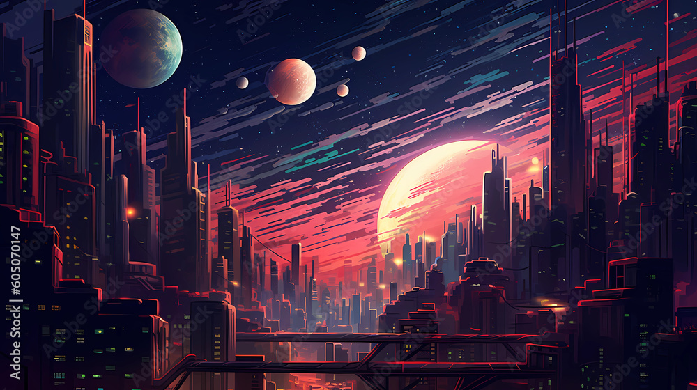 Obraz premium Futuristic Cityscape Sunset Generative AI