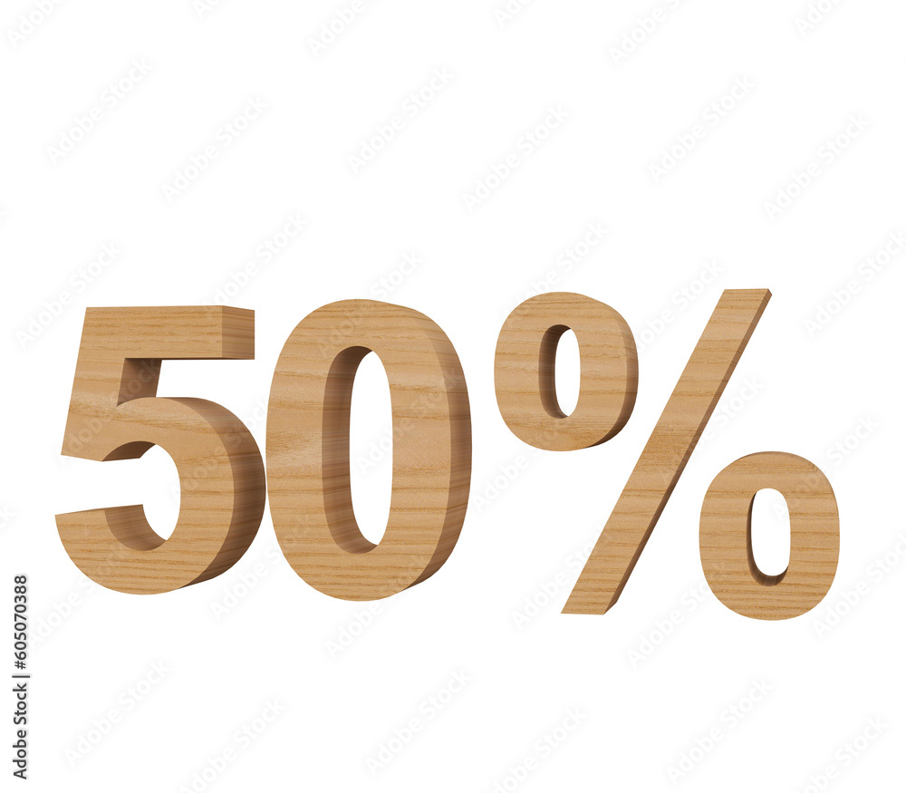 fifty percent off, 3d font render made of wood material fifty percent off, 3d font render made of wood material