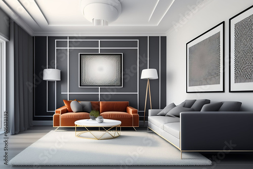 Sala de Estar Lujoso con Muebles de Diseño, Techos Altos y Elegantes Detalles Decorativos. Generada con IA.