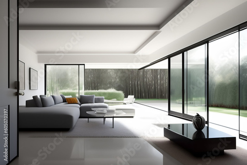 Sala de Estar Lujoso con Muebles de Diseño, Techos Altos y Elegantes Detalles Decorativos. Generada con IA.