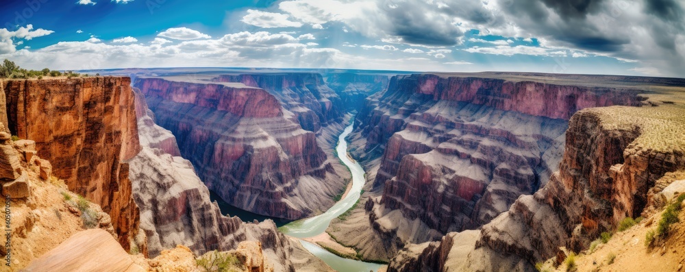 a Grand Canyon Horizontal, with bold colors infused. nature design texture. picturesque art Landscaped-themed, photorealistic illustrations in JPG. Generative ai