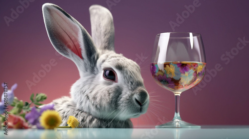 Rabbit with a glass of wine and flowers on a purple, generative ai background