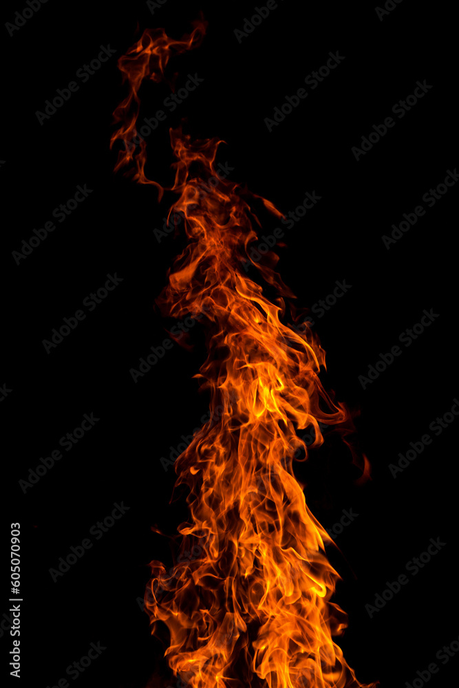 Bright orange red Fire flame on black background, abstract texture