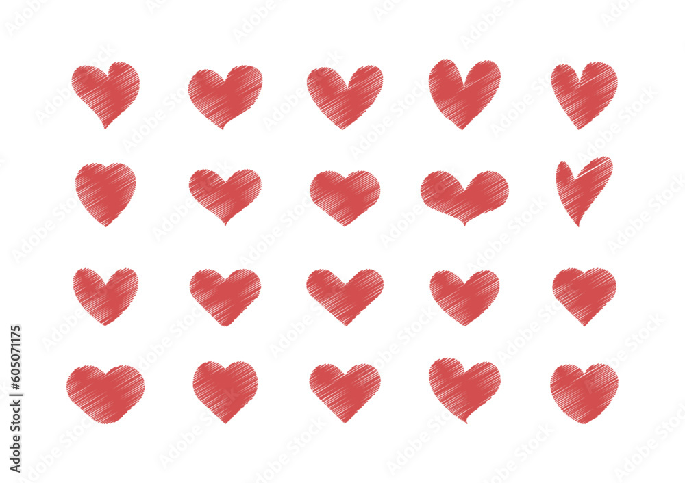 Set vector Minimalist Character set red hearts doodle isolated on white background.