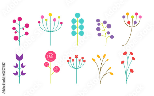 Romantic flower collection with flowers, twigs, leaves, herbs and berries. Vector design isolated on white background.