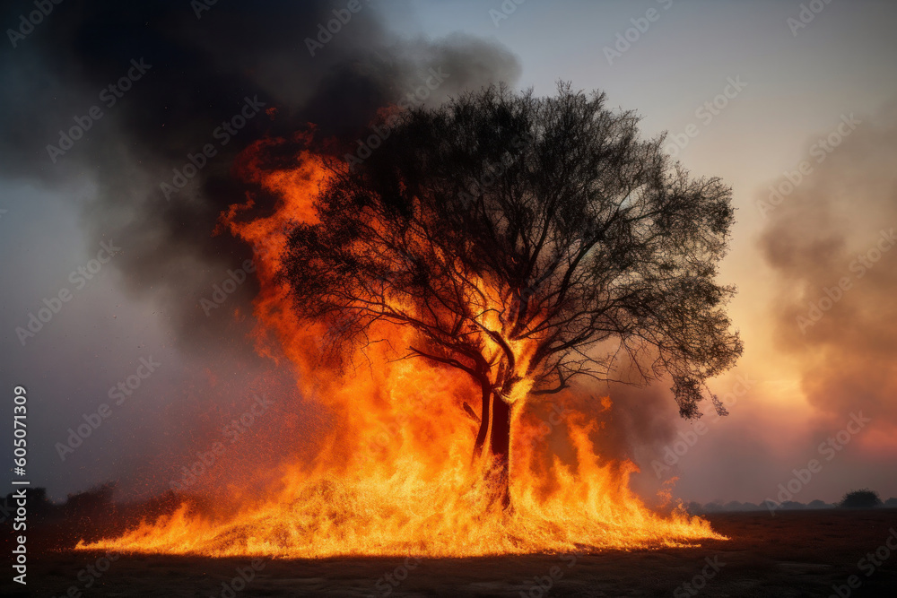 Fototapeta premium A hot and arid environment, with a burning tree against a dramatic sky, a stunning example of the beauty and power of nature. AI Generative