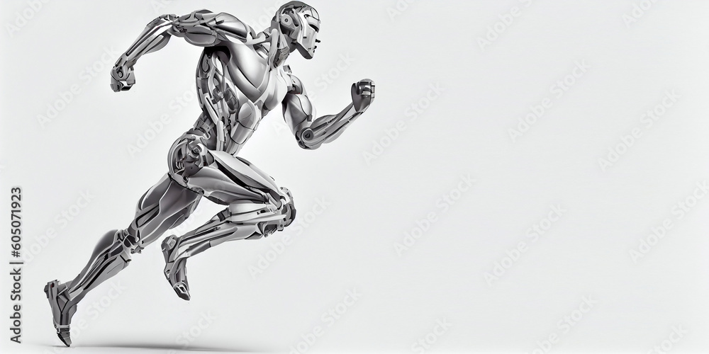 A fast running humanoid muscular robot athlete on an isolated background. Generative AI A fast running humanoid muscular robot athlete on an isolated background. Generative AI