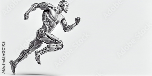 A fast running humanoid muscular robot athlete on an isolated background. Generative AI