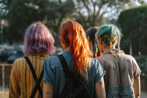 Four young gay women with rainbow colored hairstyles seen from behind. Supporters of the LGBTQ community. Generative AI