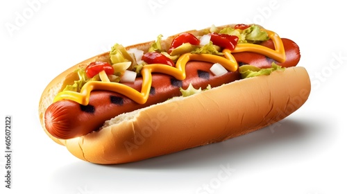 Hot dog with toppings isolated on white background with copy space