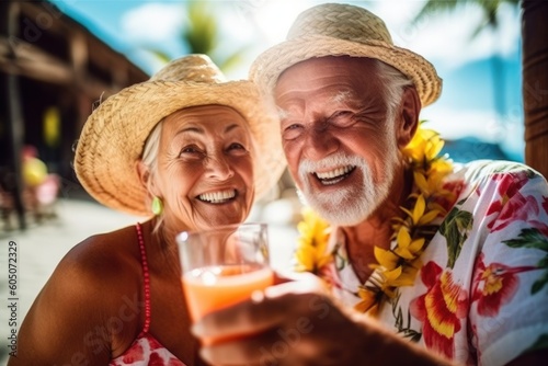 senior couple having a fun in tropical island. Generative AI © Adriana