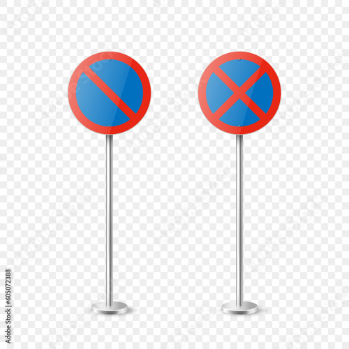Vector Blue and Red Round Prohibition Sign Icon Set - Parking Prohibited, Stopping Prohibited Sign Frame Set Closeup Isolated. Traffic Road Plate, Sign Design Template, Front View