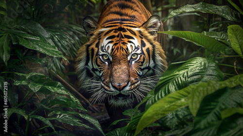Portrait of a tiger in the jungle. Wildlife scene from nature. Generative ai illustration