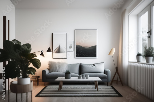Sillón, cuadros decorativos y Elegantes Detalles, sala de estar. Generada con IA