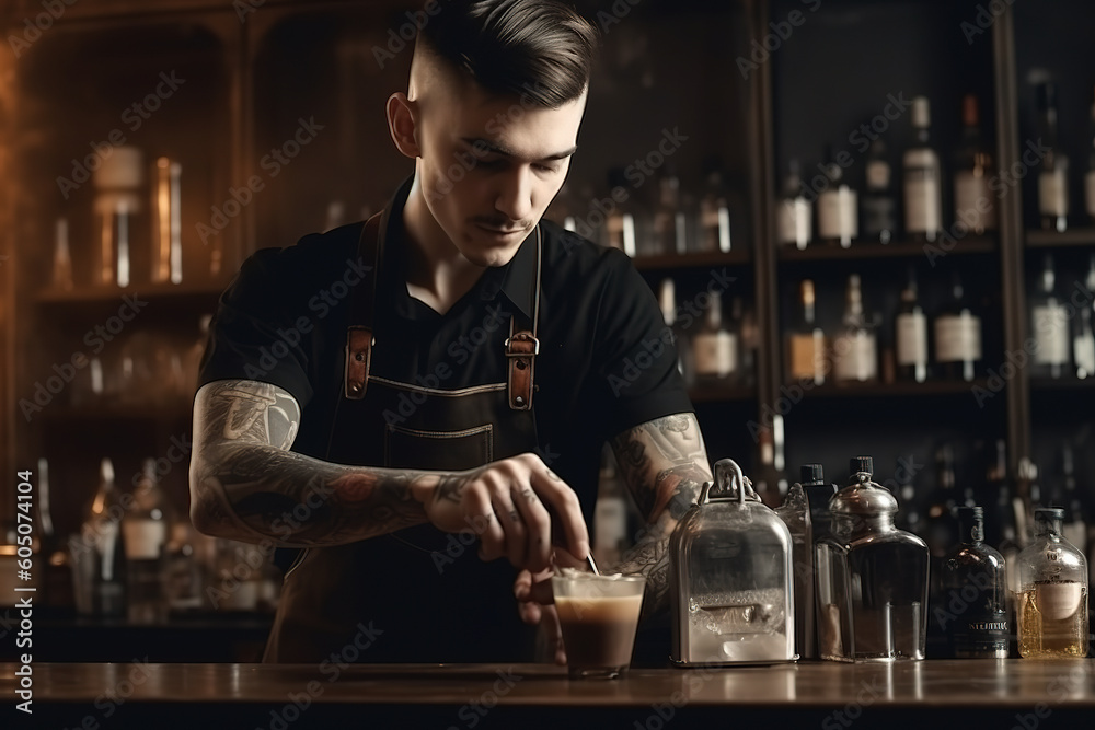 Professional bartender in dark apron pours drink from shaker into glass. Generative AI