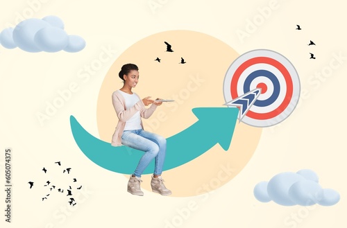 Creative collage of young lady on statistics arrow with target