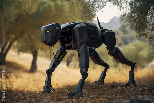 A quadruped biomechanical robot also known as robot dog with a camera. Generative AI photo