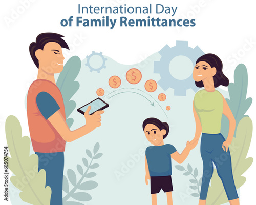 illustration vector graphic of a husband sends coins using a mobile app to his family, perfect for international day, international day of family remittances, celebrate, greeting card, etc.