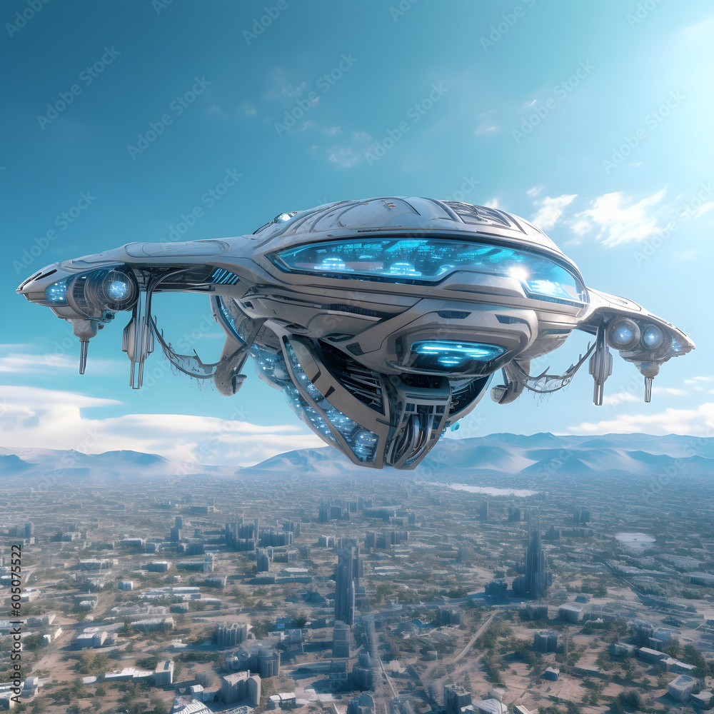 Spaceship Flying Around City. Futurist. Generated AI Spaceship Flying Around City. Futurist. Generated AI