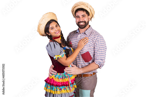 brazilian couple, clothes from festa junina, arraial, festa de são joão. boyfriend and girlfriend, kissing booth. love. Embraced. photo