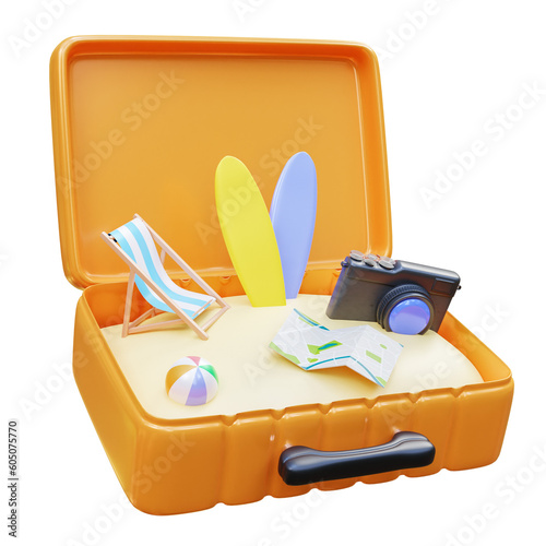 Summer vacation and travel concept. Open Suitcase with sand beach chair, beach ball, camera, surfboard and world map. 3d rendering