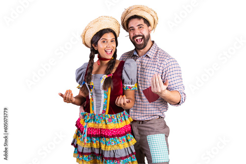 brazilian couple, clothes from festa junina, arraial, festa de são joão. boyfriend and girlfriend. inviting hands.