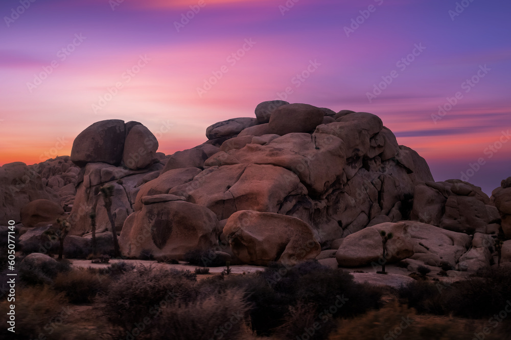 Road trip with Joshua trees at sunset landscape around. California, USA