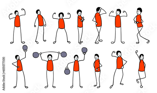 Strong stick man. Man lifting dumbbells. Different poses set.