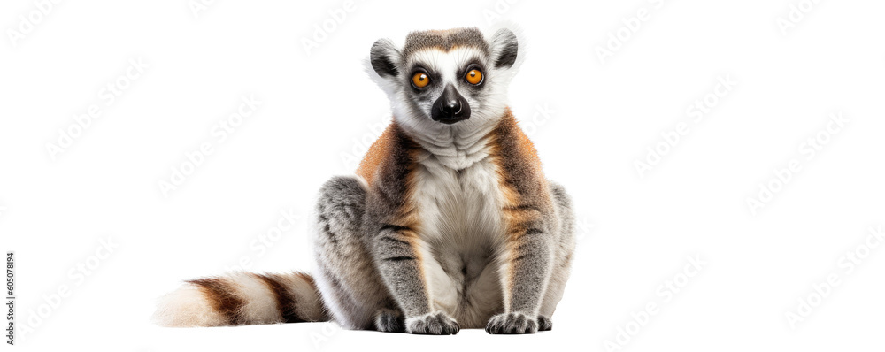 a Ring-tailed Lemur full body, sitting, front view,  wildlife-themed, photorealistic illustrations on a transparent background cutout in PNG. Generative ai