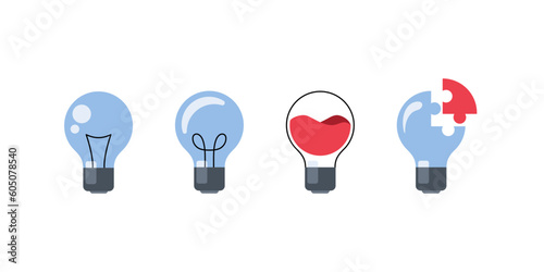 Zestaw czterech żarówek. Wektorowa żarówka w minimalistycznym stylu. Symbol idei, rozwiązywania problemów, pomysł, radzenia sobie z problemem. Lampa, światło.