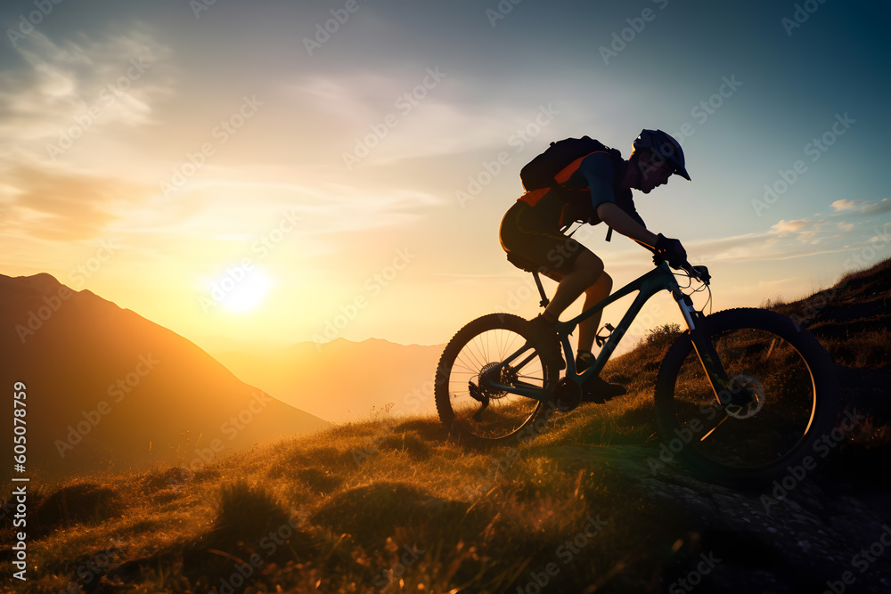 Mountain biking in sunset, Generative AI Mountain biking in sunset, Generative AI