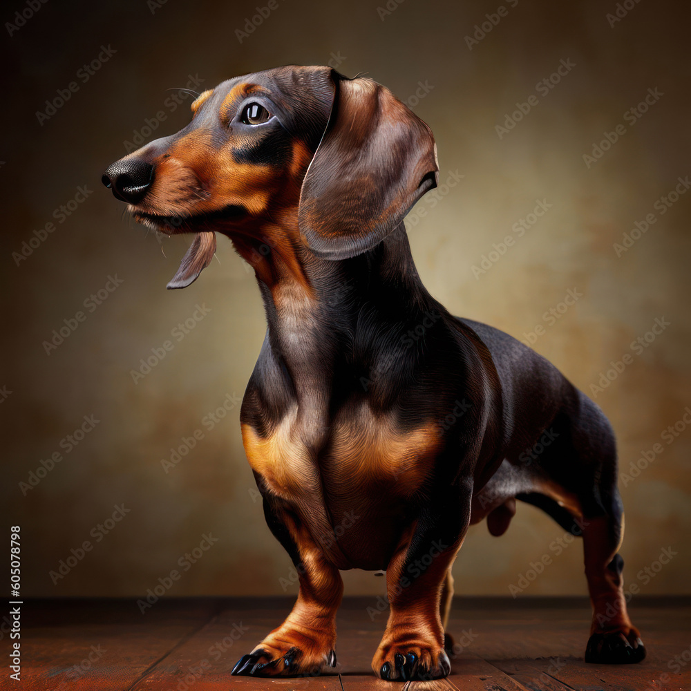  a german dachshund with studio like lighting,full body,vintage wooden floor,side view.Generative AI