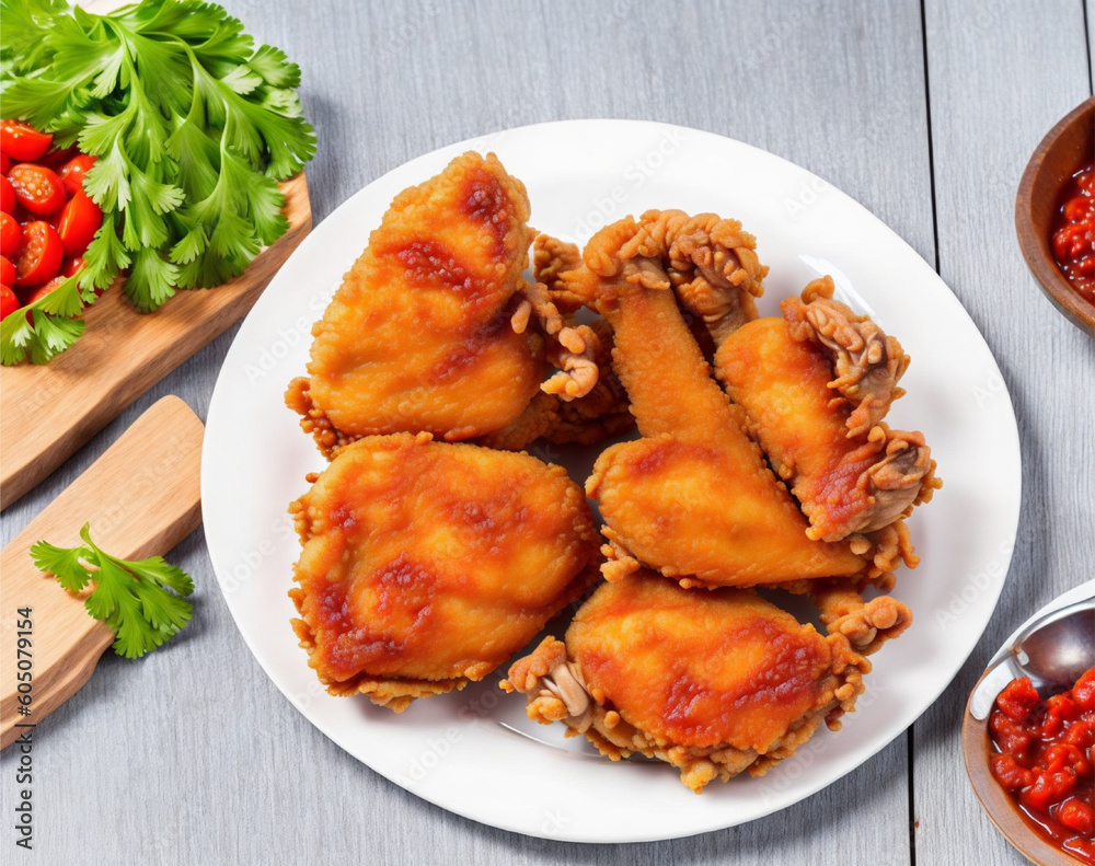 fried chicken on a plate on a wooden table, AI generated fried chicken on a plate on a wooden table, AI generated