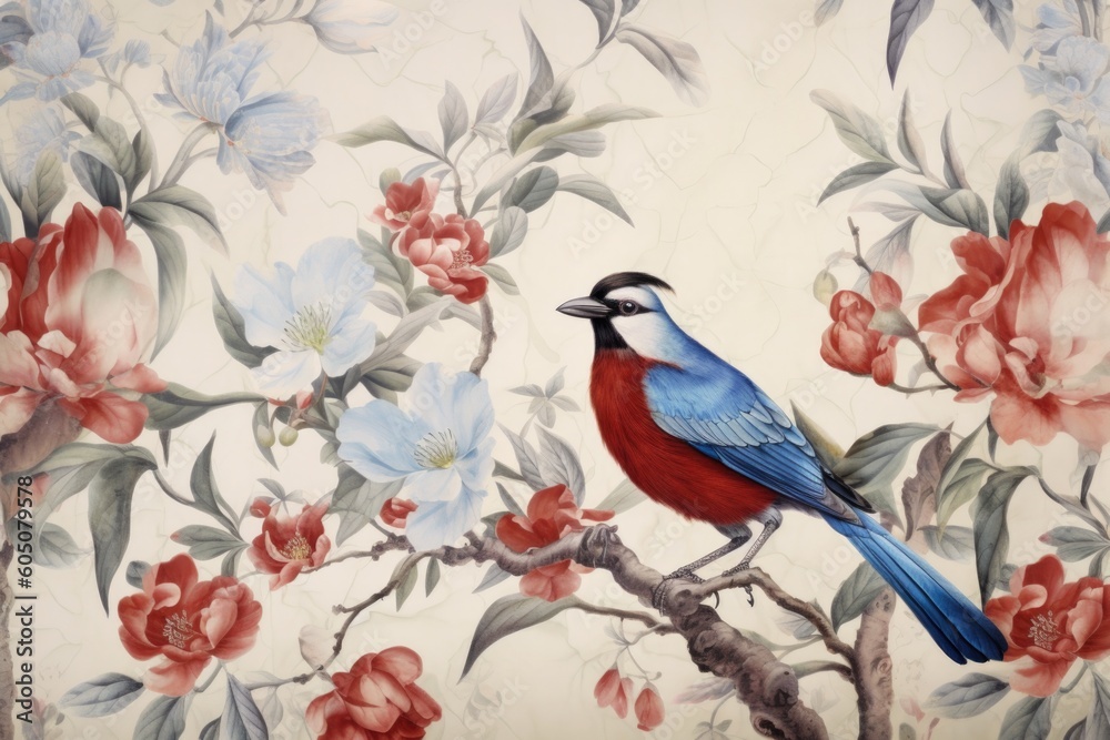 chinese painting pattern with cherry blossoms and a bird, in the style of hyperrealistic murals chinese painting pattern with cherry blossoms and a bird, in the style of hyperrealistic murals