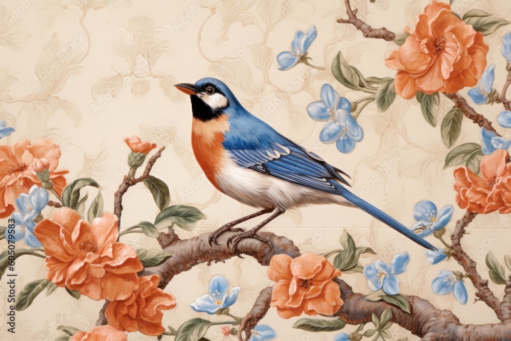 chinese painting pattern with cherry blossoms and a bird, in the style of hyperrealistic murals chinese painting pattern with cherry blossoms and a bird, in the style of hyperrealistic murals