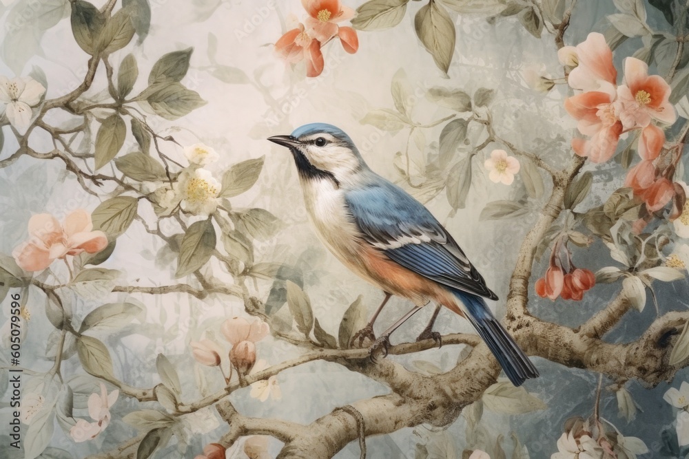 Fototapeta chinese painting pattern with cherry blossoms and a bird, in the style of hyperrealistic murals