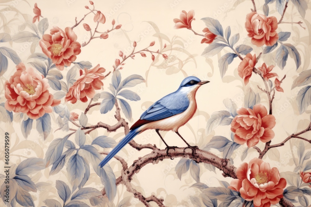 chinese painting pattern with cherry blossoms and a bird, in the style of hyperrealistic murals