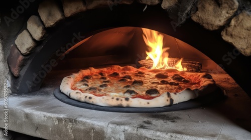 Pushing a pizza into a stone oven - made with generative AI tools