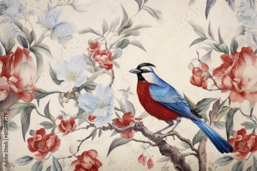 chinese painting pattern with cherry blossoms and a bird, in the style of hyperrealistic murals