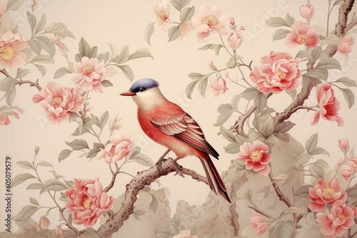 chinese painting pattern with cherry blossoms and a bird, in the style of hyperrealistic murals © EnelEva