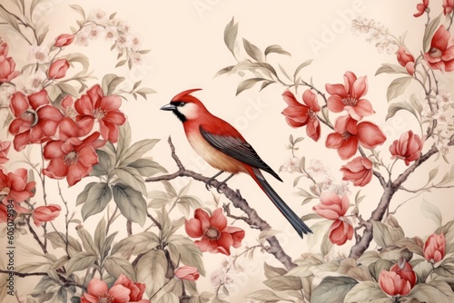 chinese painting pattern with cherry blossoms and a bird  in the style of hyperrealistic murals