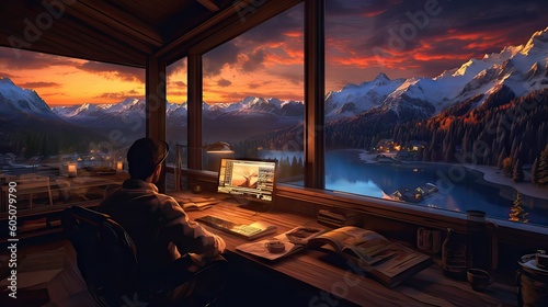 A dreamy office space offering an incredible view of the surrounding nature  inspiring peace and productivity. Generative AI