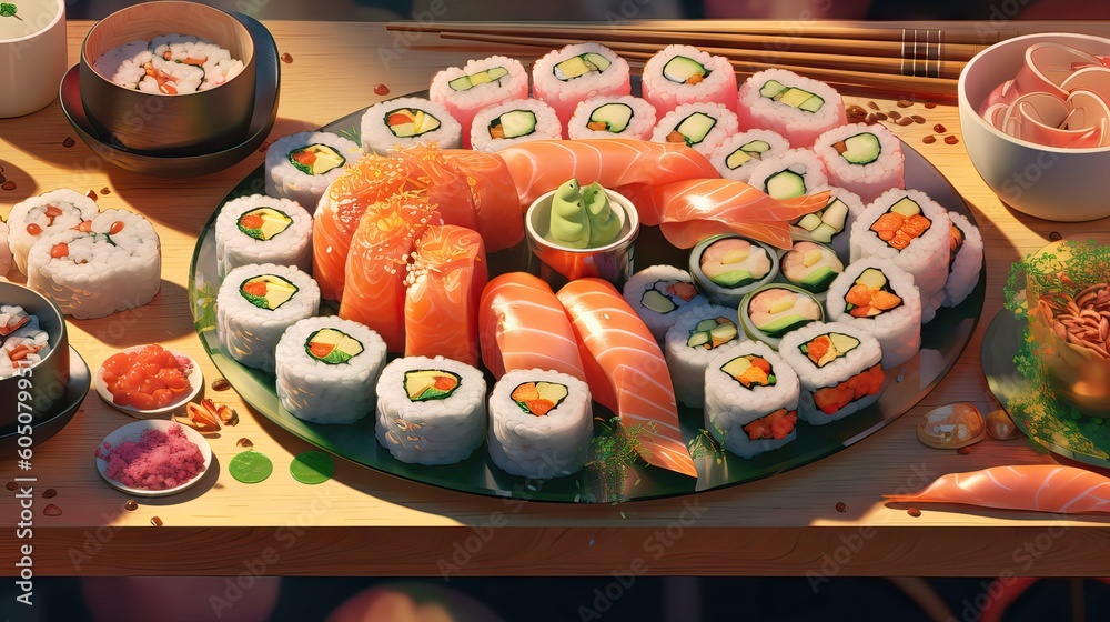 A table filled with a variety of delicious sushi rolls, displaying the beauty of Japanese cuisine. Generative AI